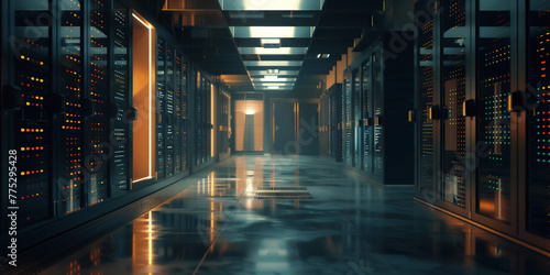 Modern Data Technology Center Server Racks in Dark Space