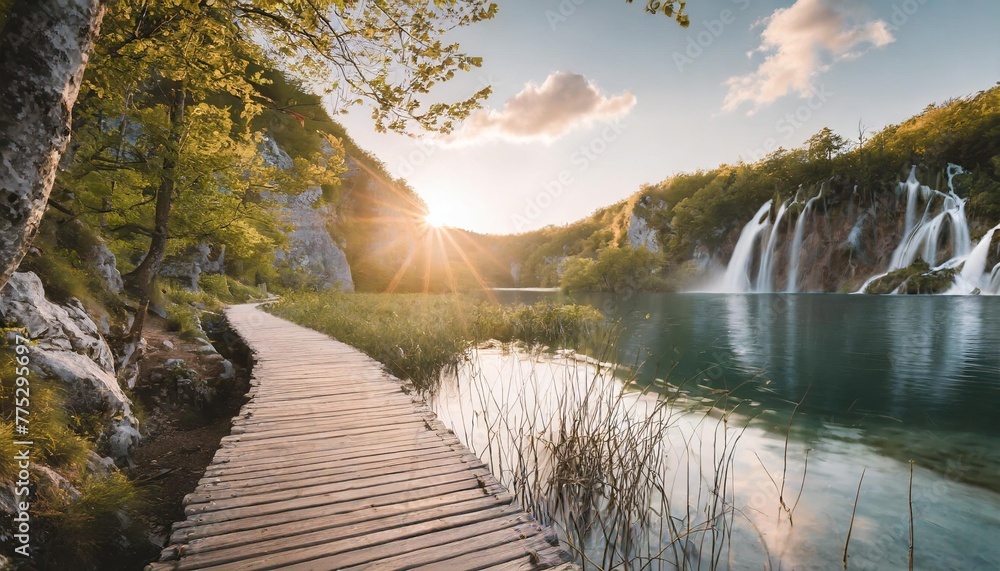 beautiful wooden path trail for nature trekking with lakes and waterfall landscape in plitvice lakes national park unesco natural world heritage and famous travel destination of croatia - obrazy, fototapety, plakaty 