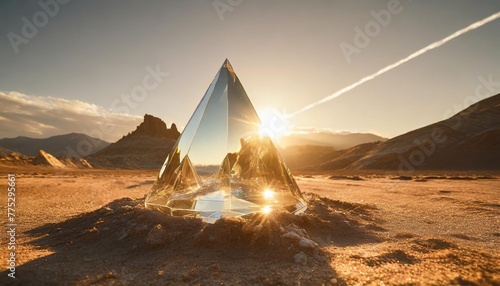 abstract fantasy alien glass spaceship on barren desert planet landscape crystal prism monolith sculpture sparkling in the sun