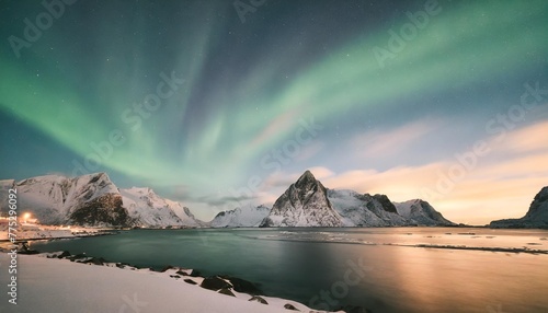 aurora borealis lofoten islands norway nothen light mountains and frozen ocean winter landscape at the night time norway travel image photo