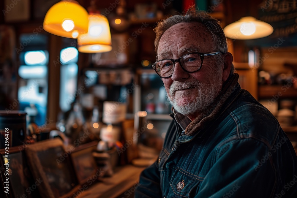 Portrait of an old man with glasses in a vintage cafe. Portrait of an old man with glasses in a vintage cafe.