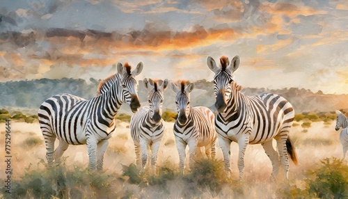 zebra family in the wild drawn with watercolor