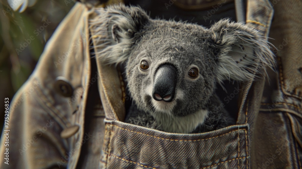 Obraz premium A cute koala peeking out of a pocket. Suitable for nature and wildlife concepts
