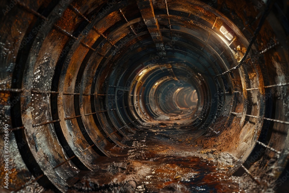 A dark tunnel with rust and dirt on the ground. Suitable for industrial or urban themed projects A dark tunnel with rust and dirt on the ground. Suitable for industrial or urban themed projects