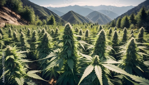 Cannabis or marijuana outdoors plantation growing on the mountains. Wide angle