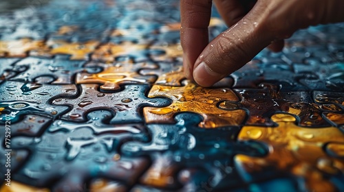 Illustrating business solutions, success, and strategy, a businessman's hand connects jigsaw puzzle pieces.