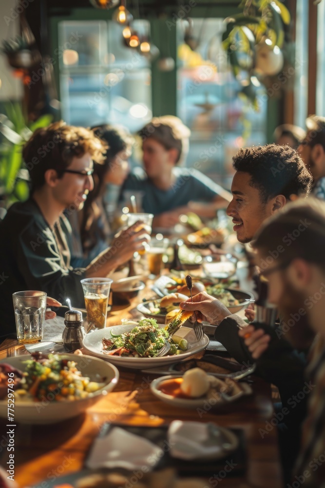 People sitting at a table enjoying a meal. Suitable for restaurant or food-related concepts People sitting at a table enjoying a meal. Suitable for restaurant or food-related concepts