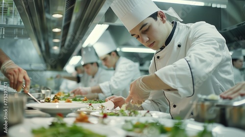 Chefs cooking in a professional kitchen, suitable for culinary themes