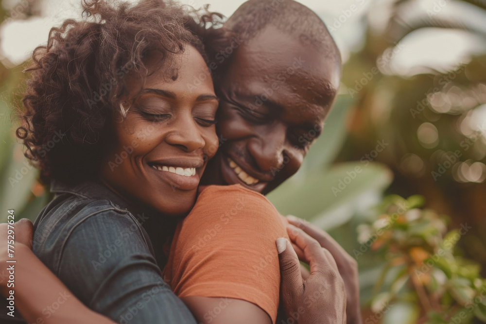 Fototapeta premium A man and woman hugging each other with their eyes closed