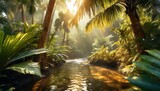 jungle on a sunny day beautiful tropical rainforest illustration with exotic plants palms big leaves and flowing water bright sunbeams background with pristine nature landscape generative ai
