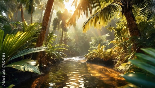 jungle on a sunny day beautiful tropical rainforest illustration with exotic plants palms big leaves and flowing water bright sunbeams background with pristine nature landscape generative ai photo