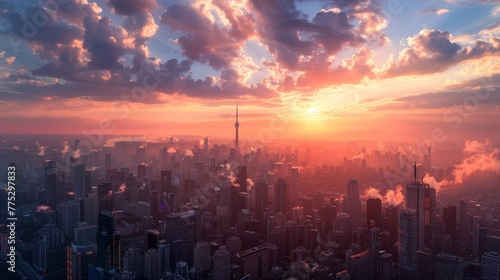 Vibrant city skyline at sunset from above, showcasing exquisite detail and impressive dynamic range