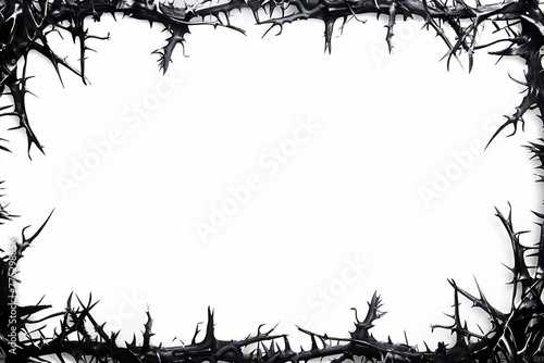 A bold black border design for A4 sized documents, adorned with gothic lines and thorns that intertwine along the edge, framing a central area of pristine white space.