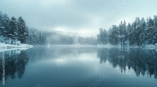  A lake encircled by snow-capped trees and a dense forest opposite it is shrouded in haze