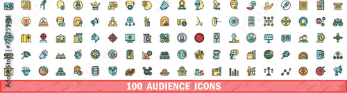 100 audience icons set. Color line set of audience vector icons thin line color flat on white