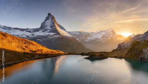 island landscapes sunrise view on bernese range above bachalpsee lake peaks eiger jungfrau faulhorn in famous location in switzerland alps grindelwald valley photo