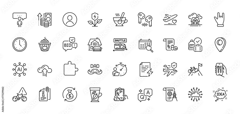 Father day, Prescription drugs and Eco power line icons pack. AI, Question and Answer, Map pin icons. Bid offer, Horns hand, Search calendar web icon. Puzzle, Cloud upload, Inflation pictogram. Vector