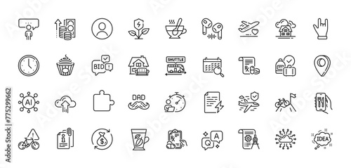 Father day, Prescription drugs and Eco power line icons pack. AI, Question and Answer, Map pin icons. Bid offer, Horns hand, Search calendar web icon. Puzzle, Cloud upload, Inflation pictogram. Vector