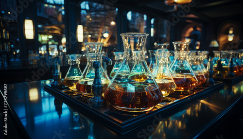 Glass flasks with colored liquid on the counter in the laboratory. 3d rendering