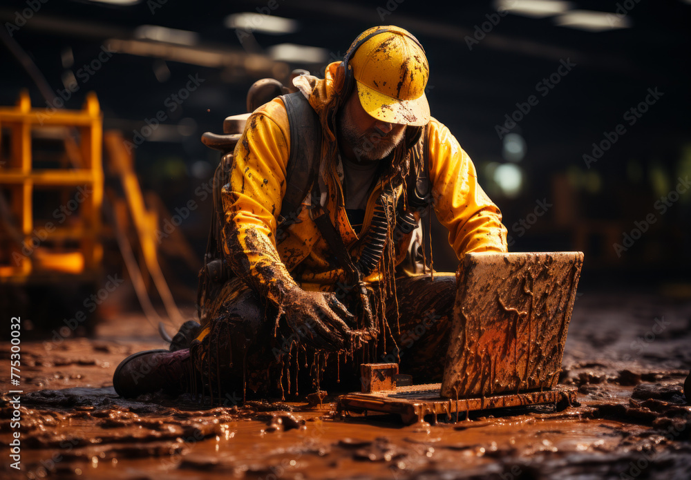 Oil worker being careful not to slip on the mud while working on laptop. Oil worker being careful not to slip on the mud while working on laptop.