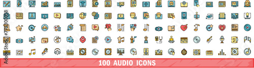 100 audio icons set. Color line set of audio vector icons thin line color flat on white