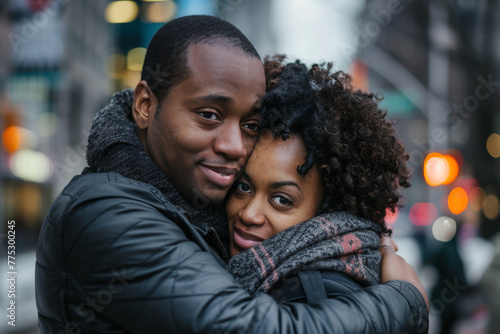 A man and woman are hugging and smiling for the camera