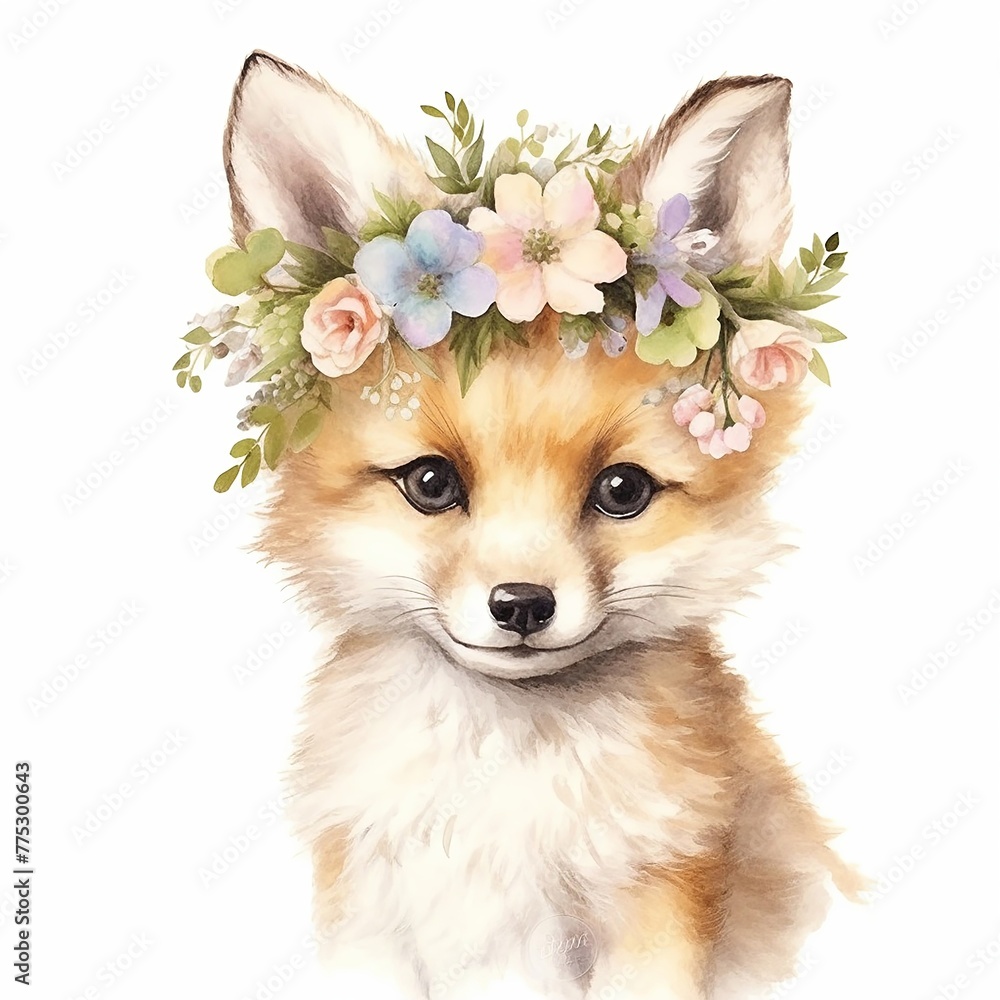 Watercolour Animal Clipart Cute Baby fox on white background