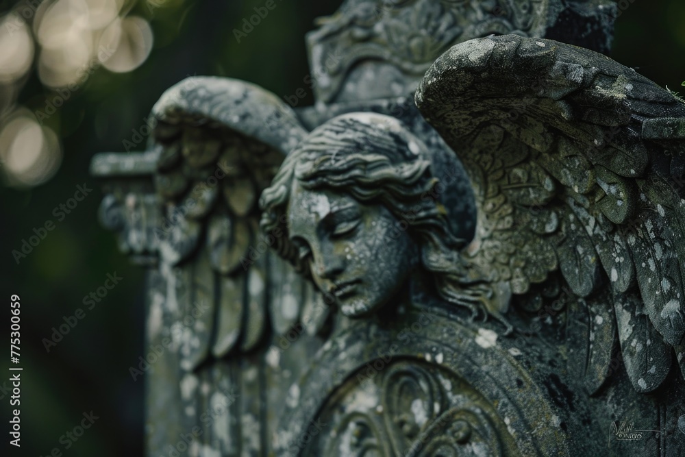 Detailed view of a serene angel statue, suitable for religious and memorial themes