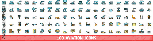 100 aviation icons set. Color line set of aviation vector icons thin line color flat on white