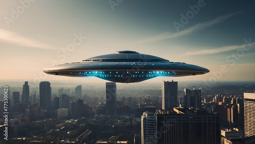 Futuristic UFO hovering above a city photo