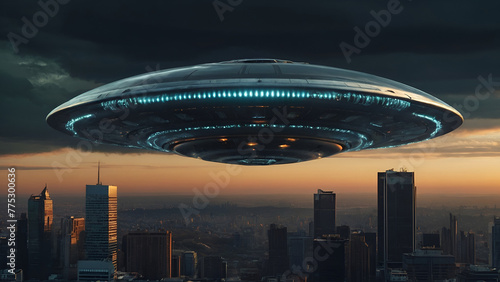 Big mothership UFO hovering above city buildings