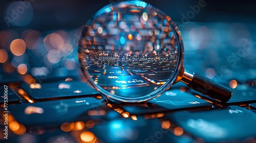 Magnifying lens positioned on a laptop keyboard in blue light ambiance.