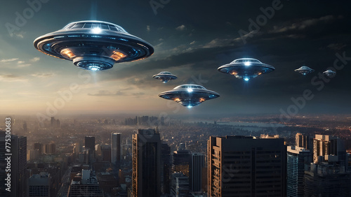 UFO formation above a city