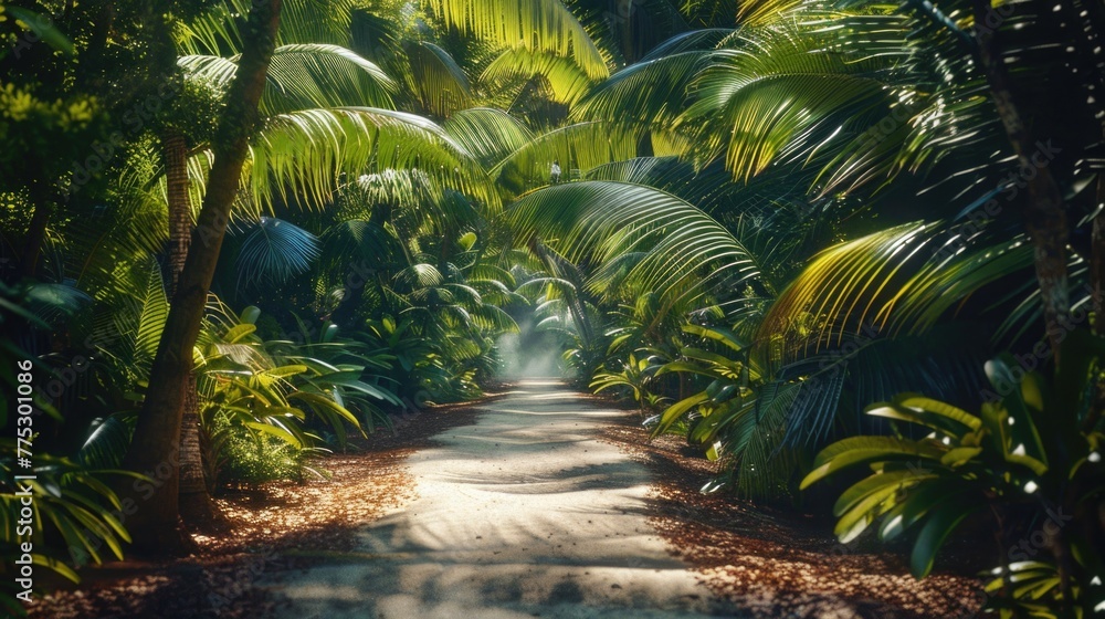 Obraz premium A scenic view of a dirt road surrounded by lush green trees. Ideal for nature and travel concepts