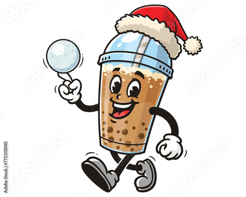 Bubble tea wearing Christmas hats and playing snowballs cartoon mascot illustration character vector clip art hand drawn
