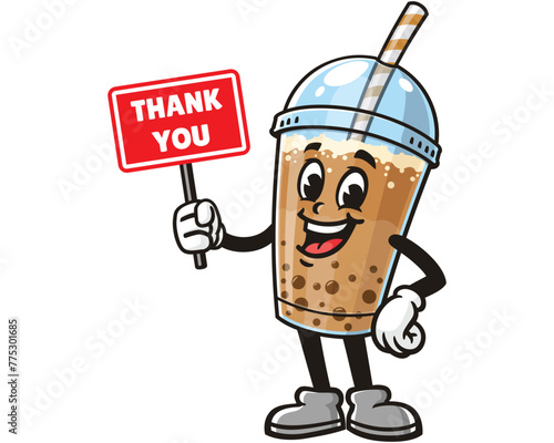 Bubble tea holding thank you sign board cartoon mascot illustration character vector clip art hand drawn