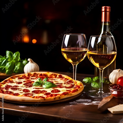 wine and cheesy pizza