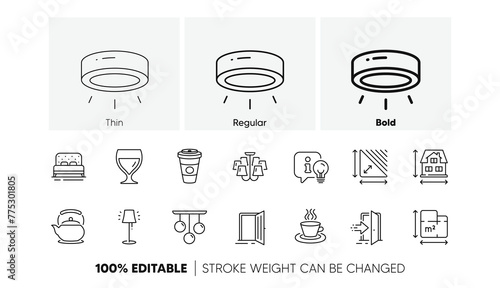 Entrance, Stand lamp and Ceiling lamp line icons. Pack of Wine glass, Takeaway coffee, Triangle area icon. Floor plan, House dimension, Tea cup pictogram. Bed, Open door, Chandelier. Teapot. Vector