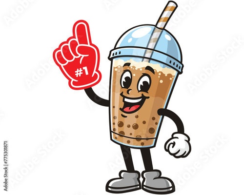 Bubble tea with foam finger cartoon mascot illustration character vector clip art hand drawn