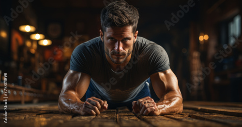 Portrait of muscular man doing push ups exercise with one hand in fitness gym.