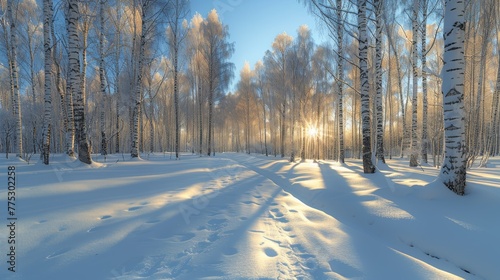  The sun illuminates a snow-covered forest through tree branches, casting snowflakes on the ground and leaving behind footprints