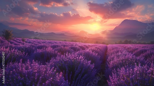 Twilight lavender fields realistic landscape with warm tones and detailed artistry