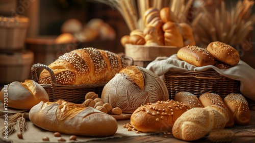 Various types of bread, a staple food, are displayed on the table
