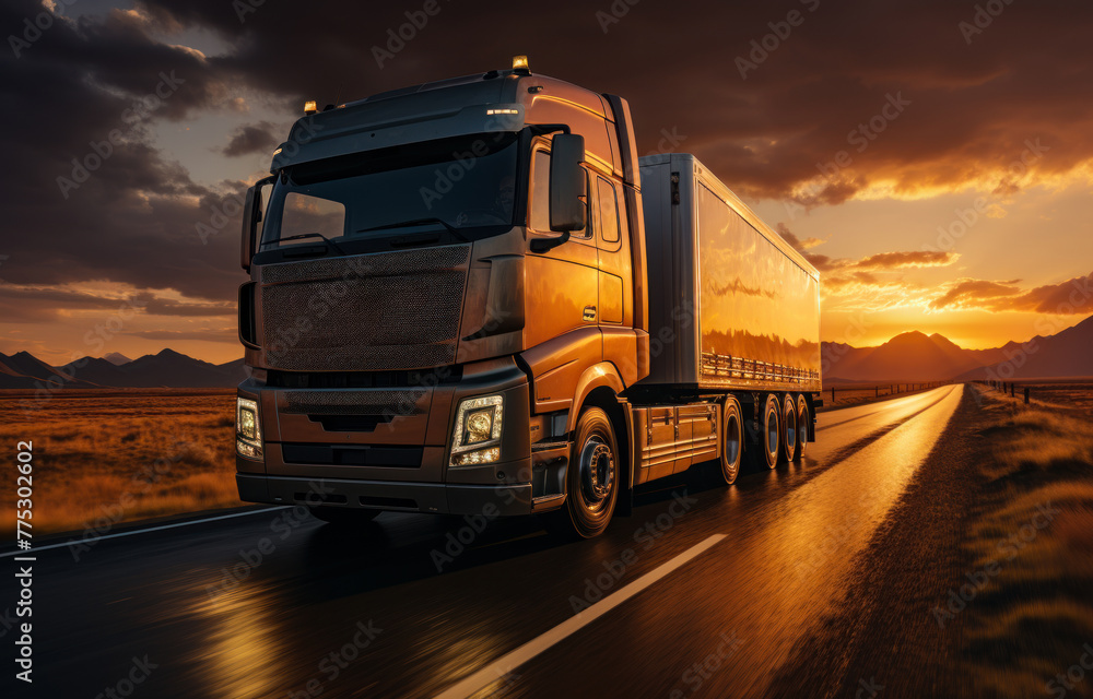 Truck drives on highway at sunset