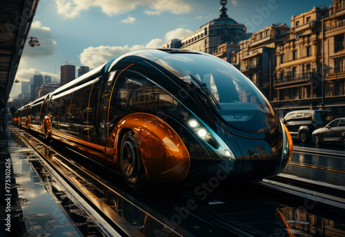 Futuristic city bus on the street. Photorealistic 3d illustration of the futuristic city bus moving on the road.