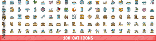 100 cat icons set. Color line set of cat vector icons thin line color flat on white