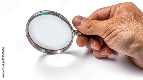 Man's hand holds classic magnifying glass on white, with copy space.