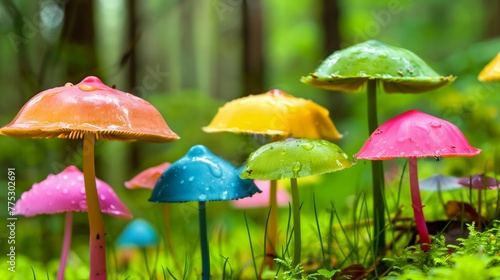 bright and colourful mushrooms growing in the summer forest. 