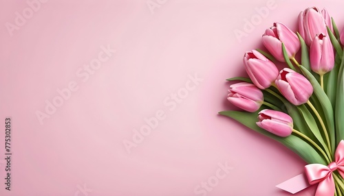 Pink tulips gift bouquet with bow and paper. International Women's and Mother's Day, birthday, Valentine's Day, holiday. Copy space #775302853