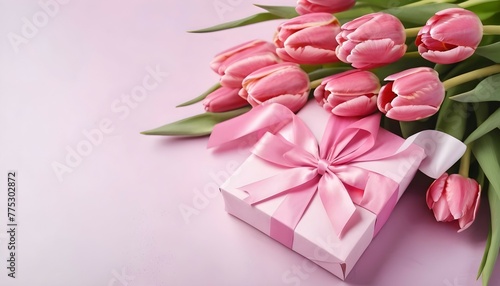 Pink tulips gift bouquet with bow and paper. International Women's and Mother's Day, birthday, Valentine's Day, holiday. Copy space © Muhammad